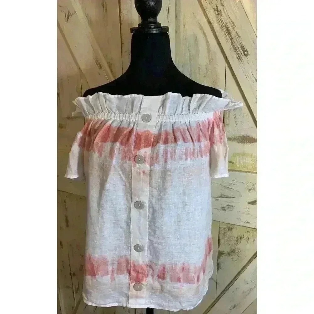 INC International Concepts Pink Tie Dye Mariner 100% Linen Off Shoulder Top‎ M